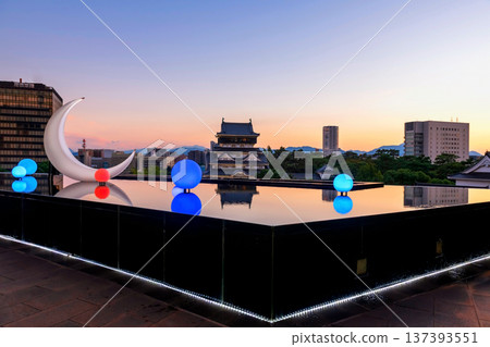 Rooftop to view Kokura Castle with moon light bulb on pond, Kitakyushu Rooftop to view Kokura Castle with moon light bulb on pond, Kitakyushu 137393551
