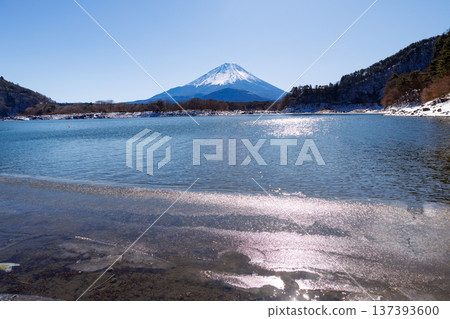 山梨縣精進湖初春景色：透過冰封的湖面，可以看到富士山擁抱著它的孩子。 137393600