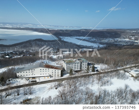 Aerial view of Abashiri city from above Mount Tento Aerial view of Abashiri city from above Mount Tento 137393746