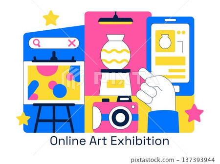 Online Art Exhibition Virtual Gallery Digital Artwork Showcase Illustration Featuring People Viewing Creative Paintings Through Laptop Screen Online Art Exhibition Virtual Gallery Digital Artwork Showcase Illustration Featuring People Viewing Creative Paintings Through Laptop Screen 137393944