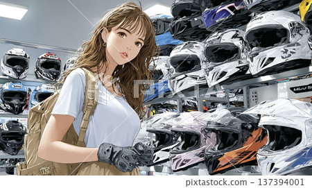 Female motorbike rider choosing equipment at helmet section | Motorcycle accessories shop scene Female motorbike rider choosing equipment at helmet section | Motorcycle accessories shop scene 137394001