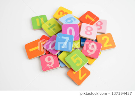 Number wood block cubes for learning Mathematic, education math. 137394437