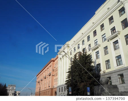 Russia Chelyabinsk Revolution Square Soviet architecture and blue sky Russia Chelyabinsk Revolution Square Soviet architecture and blue sky 137394700