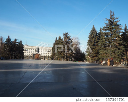 Russia Chelyabinsk Revolution Square Soviet architecture and blue sky 137394701