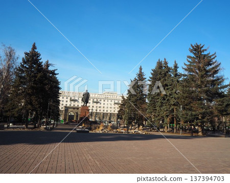 Russia Chelyabinsk Revolution Square Soviet architecture and blue sky Russia Chelyabinsk Revolution Square Soviet architecture and blue sky 137394703