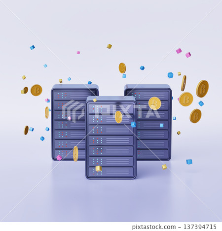 Data center racks surrounded by golden Bitcoin tokens and dynamic cubes 137394715