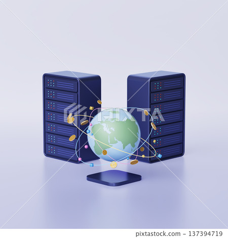 Global cryptocurrency network with Bitcoin coins, server racks, and orbiting digital icons Global cryptocurrency network with Bitcoin coins, server racks, and orbiting digital icons 137394719
