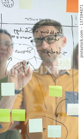 Business people colleagues planning strategy, writing notes on glass wall, collaborating with enthusiasm in bright contemporary office workspace Business people colleagues planning strategy, writing notes on glass wall, collaborating with enthusiasm in bright contemporary office workspace 137394871