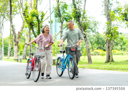 Asian senior woman and man leading the bicycles on the road together in the public park with day light and they look happiness. 137395508