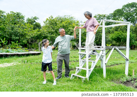 Asian senior man take care senior woman to walk down from tall wooden stand after they take the picture in public park with day light. 137395513