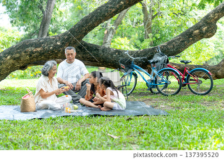 Asian grandfather and grandmother have good time with children to prepare fruit for them during relax in public park with day light and green area. Asian grandfather and grandmother have good time with children to prepare fruit for them during relax in public park with day light and green area. 137395520