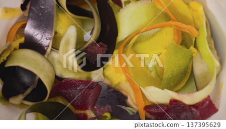 Fresh vegetable scraps and peels are collected in a bowl for composting in a home kitchen after meal preparation Fresh vegetable scraps and peels are collected in a bowl for composting in a home kitchen after meal preparation 137395629