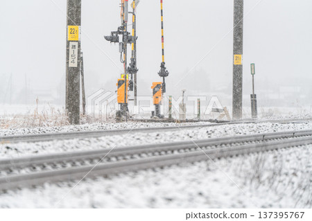 [Winter Snow Scene] Tohoku Winter_Railroad Crossing and Train 137395767