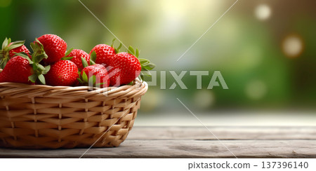 Strawberry fruit on basket copy space background, AI Generated 137396140