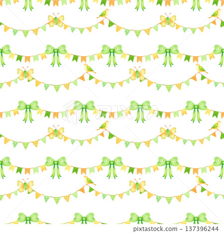 Seamless pattern with garlands of flags, butterflies, birds, bow. Watercolor illustration. Perfect for birthdays, Patrick Day. Hand drawn isolated art. Suitable for textiles, wallpaper, gift wrapping 137396244