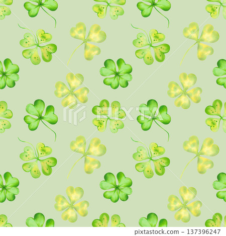 Seamless pattern with four leaf clovers. Watercolor illustrations. Hand drawn isolated art. Irish symbol of St. Patrick's Day. Design for packaging, fabric, textiles, wallpaper and backgrounds. Seamless pattern with four leaf clovers. Watercolor illustrations. Hand drawn isolated art. Irish symbol of St. Patrick's Day. Design for packaging, fabric, textiles, wallpaper and backgrounds. 137396247