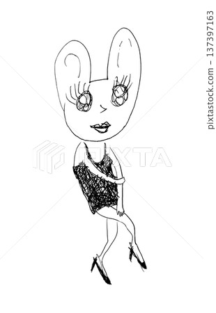 單色線條畫，描繪了一個擬人化的兔子角色，她被描繪成一個穿著吊帶背心和高跟鞋的兔女郎。 137397163