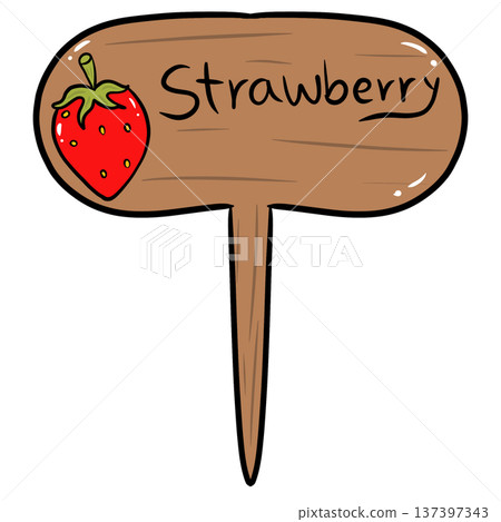 Strawberry Wooden Garden Plant Marker Cartoon Illustration 137397343