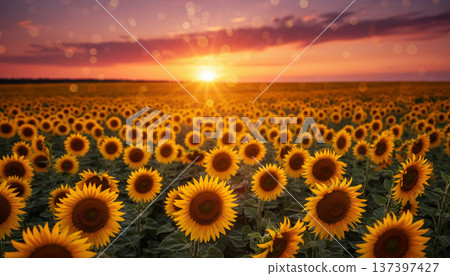 Golden Sunflower Field at Sunset 137397427