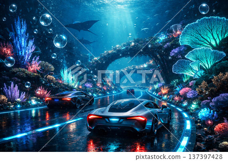 Futuristic Neon Car in Fantasy World 137397428