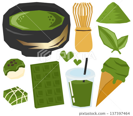 一組向量插圖,描繪了一碗抹茶和各種抹茶產品。 一組向量插圖,描繪了一碗抹茶和各種抹茶產品。 137397464