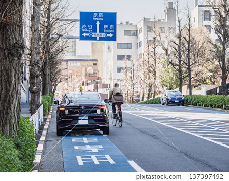 Cars parked in regular bicycle lanes and bicycles that move out of the way onto the road 137397492
