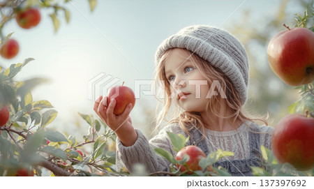 Young girl holding apple in autumn setting. Young girl displays reflective expression while clutching apple near woolly hat during fall 137397692
