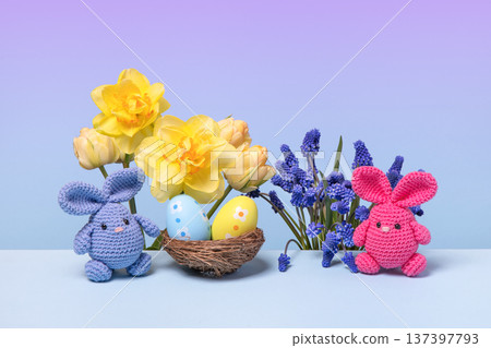 Pink and blue Easter knitted bunnies with multicolored eggs and spring muscari flowers, tulips and daffodils on the blue podium. Concept of Easter Pink and blue Easter knitted bunnies with multicolored eggs and spring muscari flowers, tulips and daffodils on the blue podium. Concept of Easter 137397793