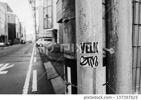 Monochrome alley with stickers on utility poles Monochrome alley with stickers on utility poles 137397828