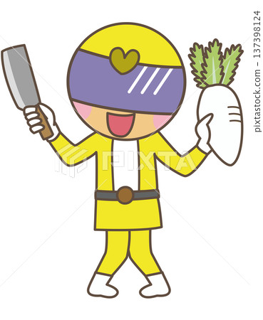 Hero cooking character holding a knife and a radish | Food education and cooking concept illustration Hero cooking character holding a knife and a radish | Food education and cooking concept illustration 137398124