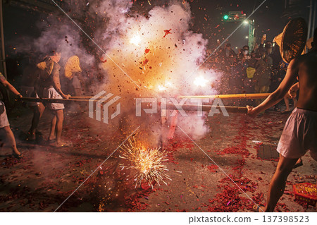 Residents of Shezidao in Taipei celebrate the Lantern Festival with a tradition known as Bombing the Earth God, 137398523