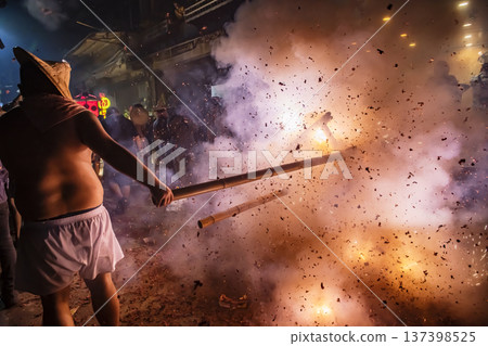 Residents of Shezidao in Taipei celebrate the Lantern Festival with a tradition known as Bombing the Earth God, 137398525