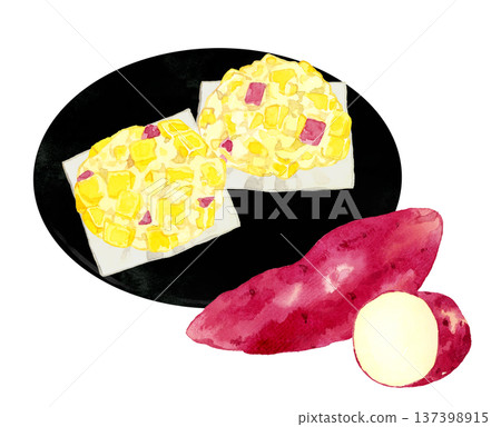 Oni Manju and sweet potato set - hand-drawn watercolor illustration Oni Manju and sweet potato set - hand-drawn watercolor illustration 137398915
