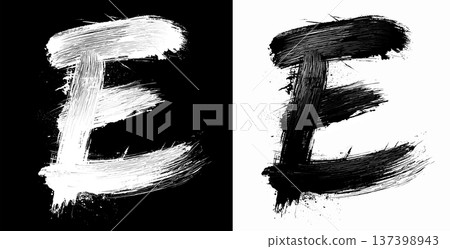Brushstroke letter E in bold grunge style on split isolated black and white background, symbolizing contrast and creativity Brushstroke letter E in bold grunge style on split isolated black and white background, symbolizing contrast and creativity 137398943