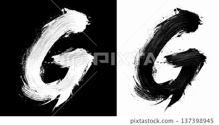 Brushstroke letter G in bold grunge style on split isolated black and white background, symbolizing contrast and creativity Brushstroke letter G in bold grunge style on split isolated black and white background, symbolizing contrast and creativity 137398945