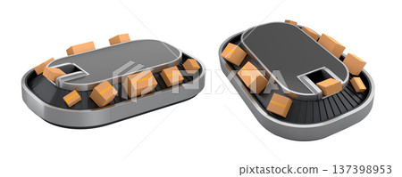 Set of Airport conveyor belt or baggage claim area with cardboard boxes or cartons 137398953