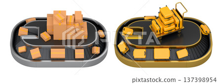 Set of Airport luggage conveyor belt or baggage claim area with suitcases on white. Set of Airport luggage conveyor belt or baggage claim area with suitcases on white. 137398954