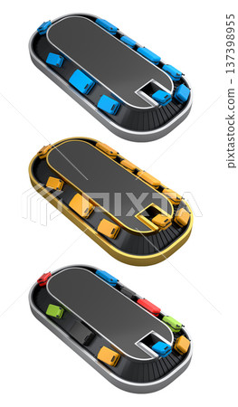 Set of Airport luggage conveyor belt or baggage claim area with suitcases on white. 137398955