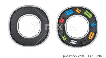 Set of Airport luggage conveyor belt or baggage claim area with suitcases on white. 137398960