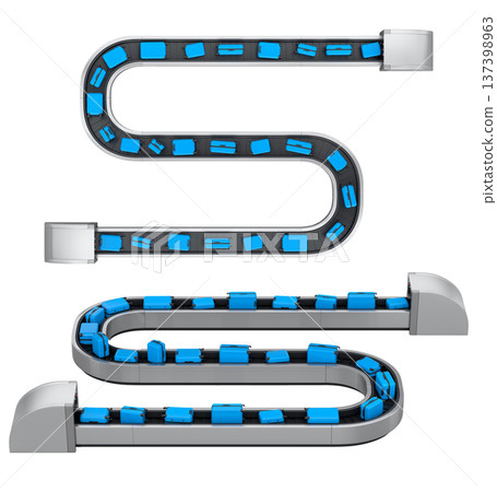 Set of Airport luggage conveyor belt or baggage claim area with suitcases on white. 137398963