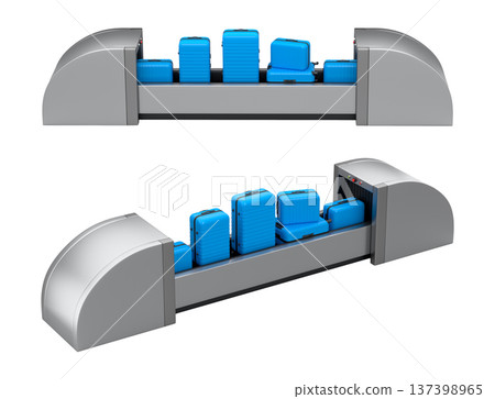 Set of Airport luggage conveyor belt or baggage claim area with suitcases on white. 137398965