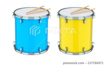 Set of drums and wooden drum sticks on white. 3d render of musical instrument 137398971