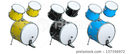 Set of drums with pedal on white background. 3d render of musical instrument Set of drums with pedal on white background. 3d render of musical instrument 137398972