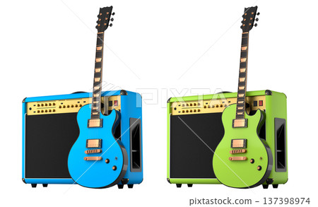 Set of amplifier with acoustic guitar isolated on white background. 137398974