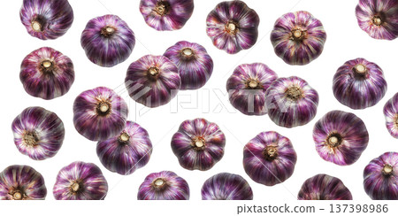 Whole purple garlic bulbs arranged in a scattered seamless pattern, isolated on white background, concept of organic food Whole purple garlic bulbs arranged in a scattered seamless pattern, isolated on white background, concept of organic food 137398986