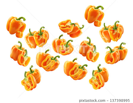 Multiple fresh orange bell peppers scattered in a seamless pattern, isolated on white background, concept of healthy food 137398995