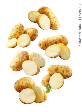 Fresh raw potatoes with skin, scattered and isolated on white background, concept of organic food ingredients Fresh raw potatoes with skin, scattered and isolated on white background, concept of organic food ingredients 137398997