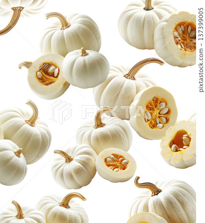 White mini pumpkins with natural stems and speckles, in a scattered layout isolated on white background. White mini pumpkins with natural stems and speckles, in a scattered layout isolated on white background. 137399005
