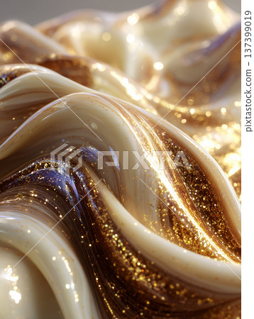 Closeup of glossy cream and gold glitter swirl with sparkles bourbone and vanilla shiny tones soft background 137399019