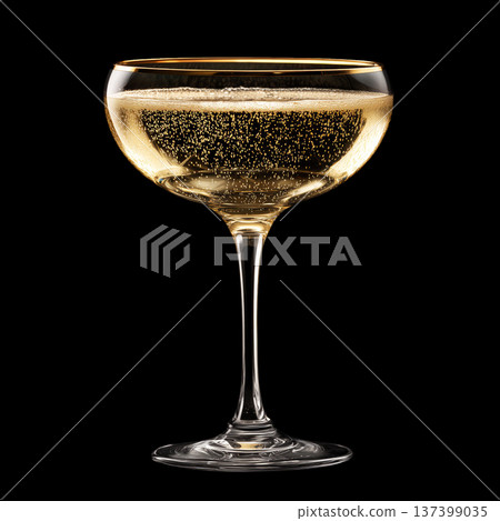 A filled champagne coupe glass with golden bubbles on black background with clipping path A filled champagne coupe glass with golden bubbles on black background with clipping path 137399035